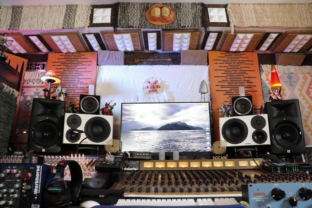 Desk with mixing board at SEGPOP Studio, recording studio Montreal